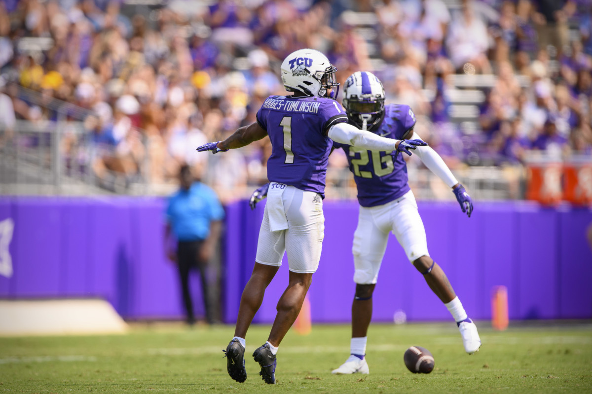Sep 11, 2021; Fort Worth, Texas, USA; TCU Horned Frogs cornerback Tre'Vius Hodges-Tomlinson (1) and safety Bud Clark (26) in action during the game between the TCU Horned Frogs and the California Golden Bears at Amon G. Carter Stadium.